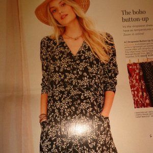 FIRM Garnet Hill Dropwaist Button-Up Dress 2 Ebony Floral Long Sleeve